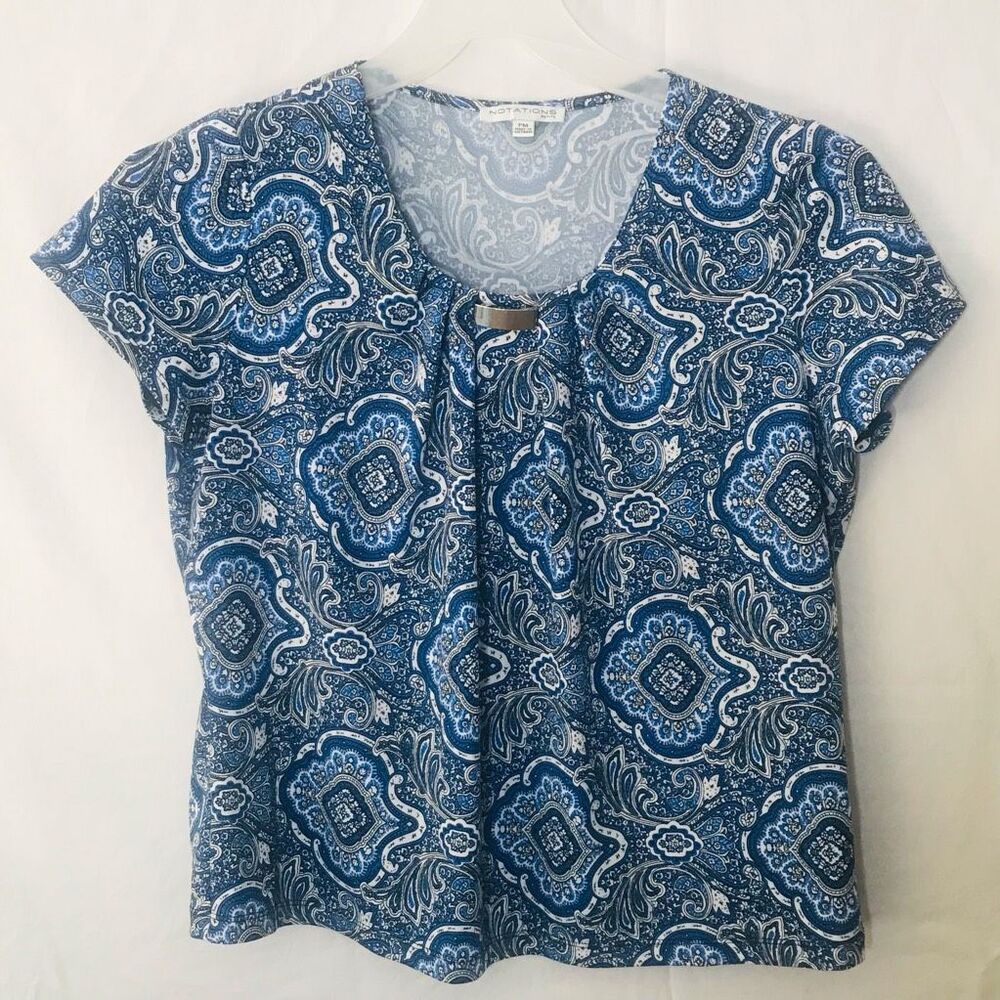 Notations Womens Blouse Multicolor Paisley Short Sleeve Scoop Neck Petites PM